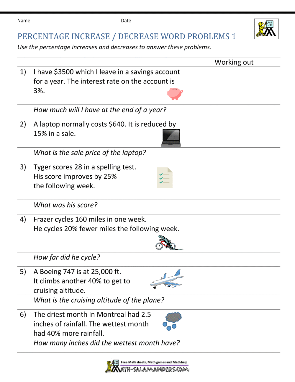 Percentage Increase And Decrease Worksheets