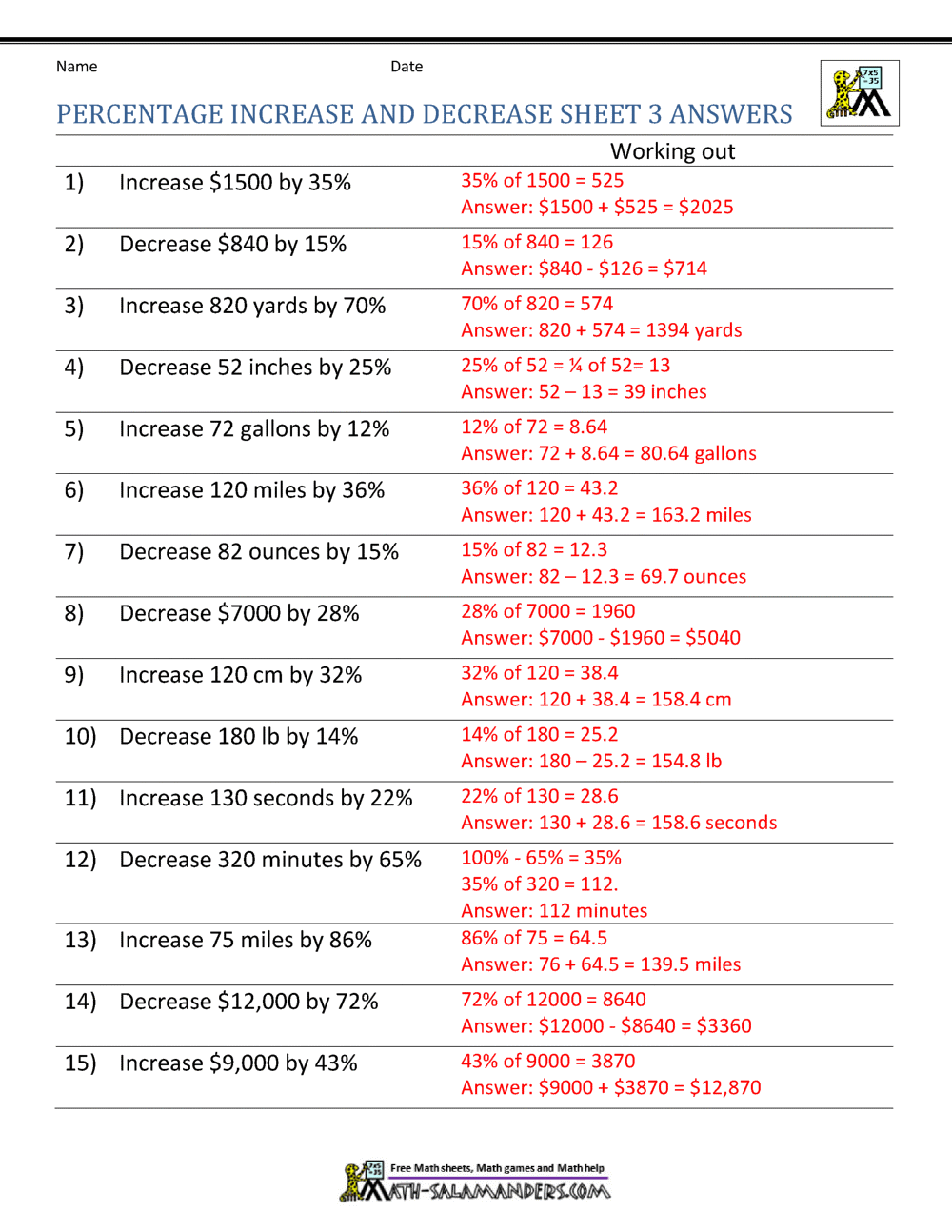 Percentage Increase And Decrease Worksheet Cazoom Maths Worksheets
