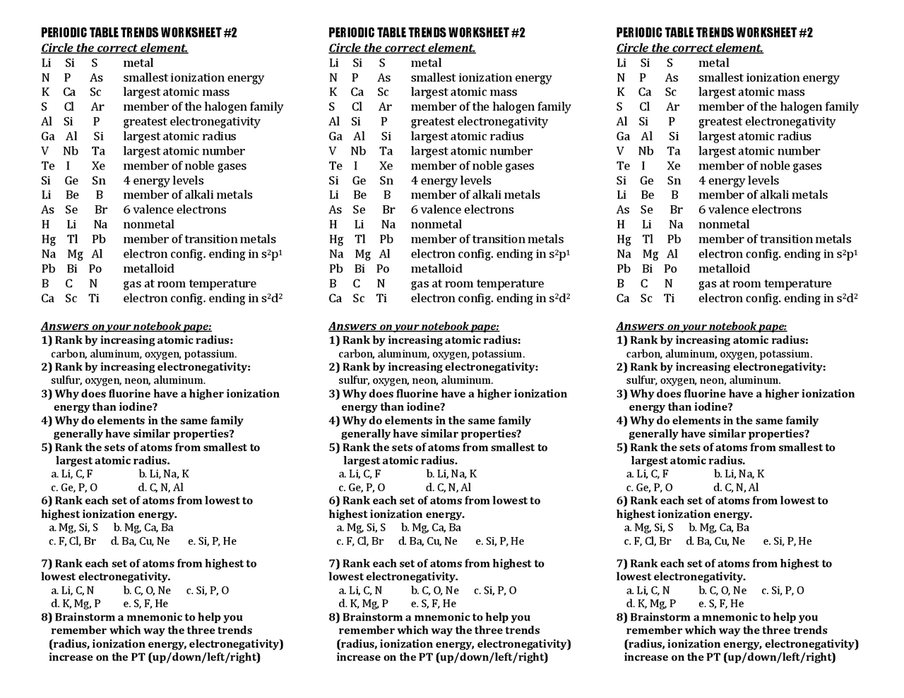 Periodic Trends Worksheet 1 Detailed Answers And Explanations Studocu