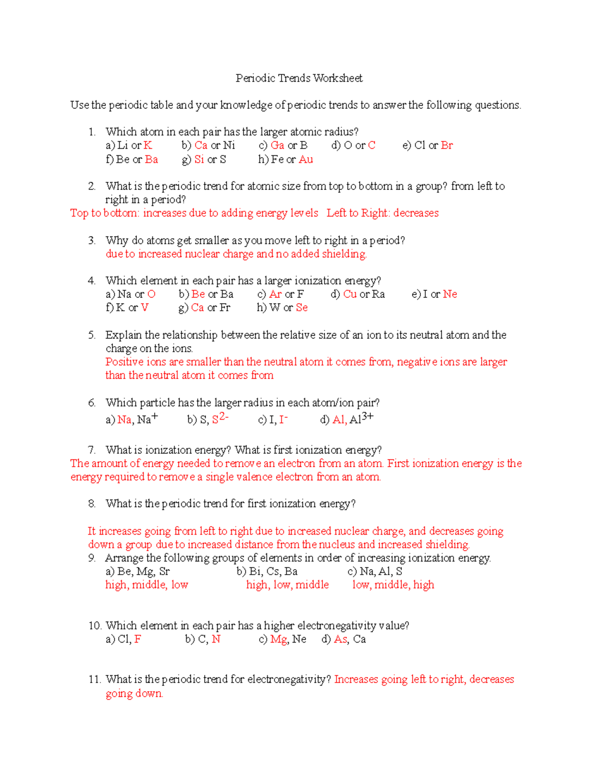 Periodic Trends Worksheet 1 Detailed Answers And Explanations Studocu