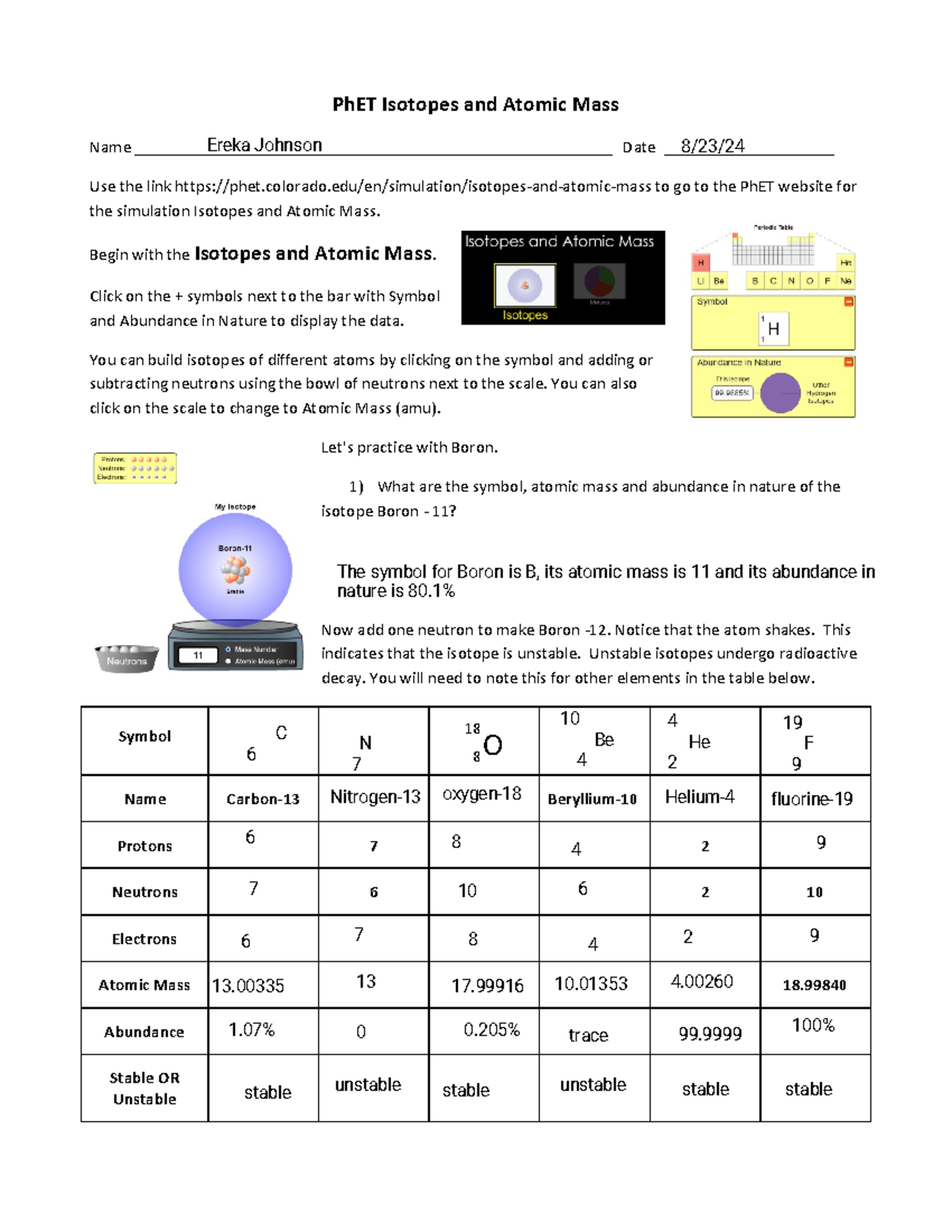 Exploring Atoms And Isotopes Lab Worksheet SCI 101 Studocu