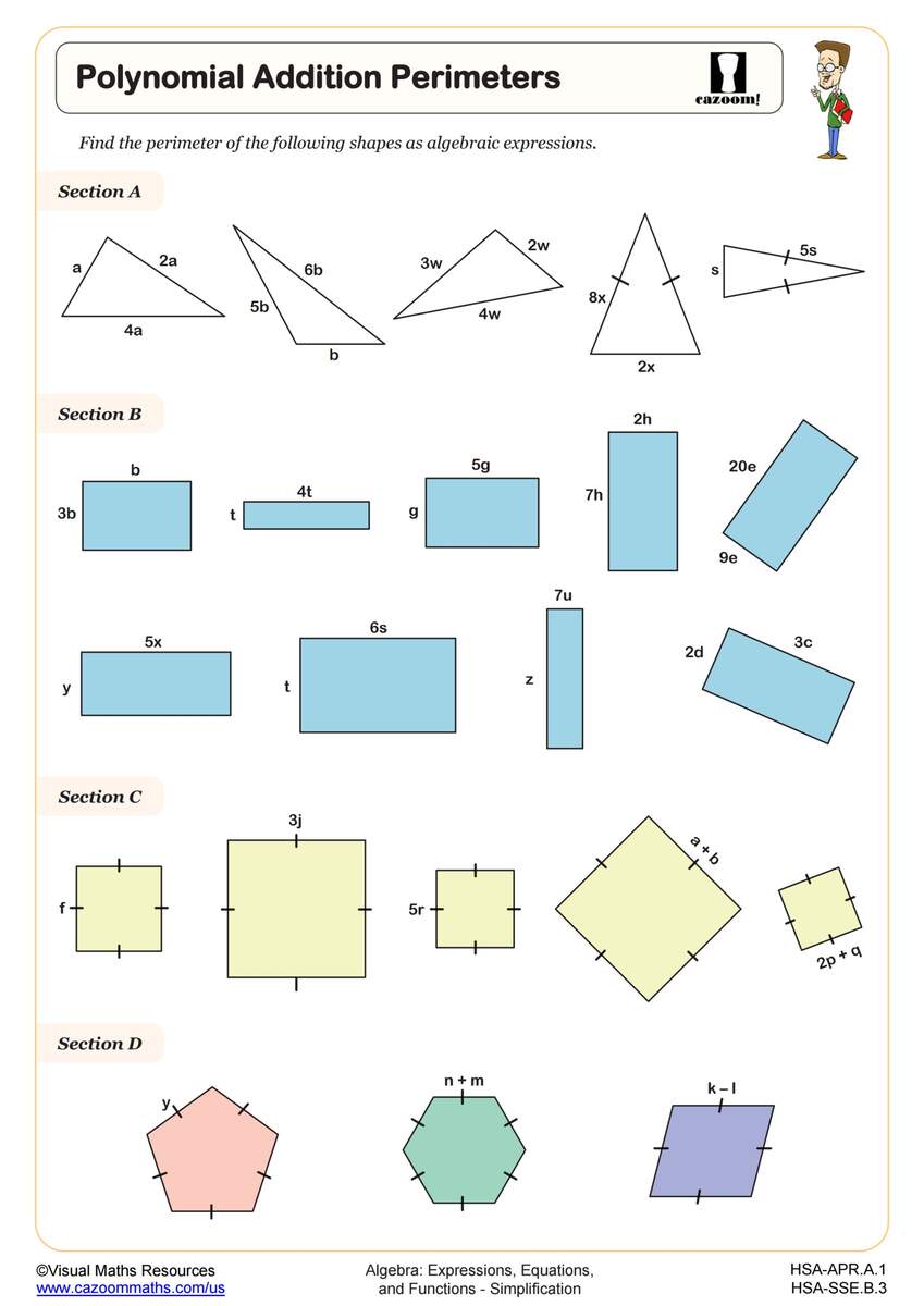 Polynomial Addition Perimeters Worksheet Fun And Engaging Algebra I PDF Worksheets Cazoom Math