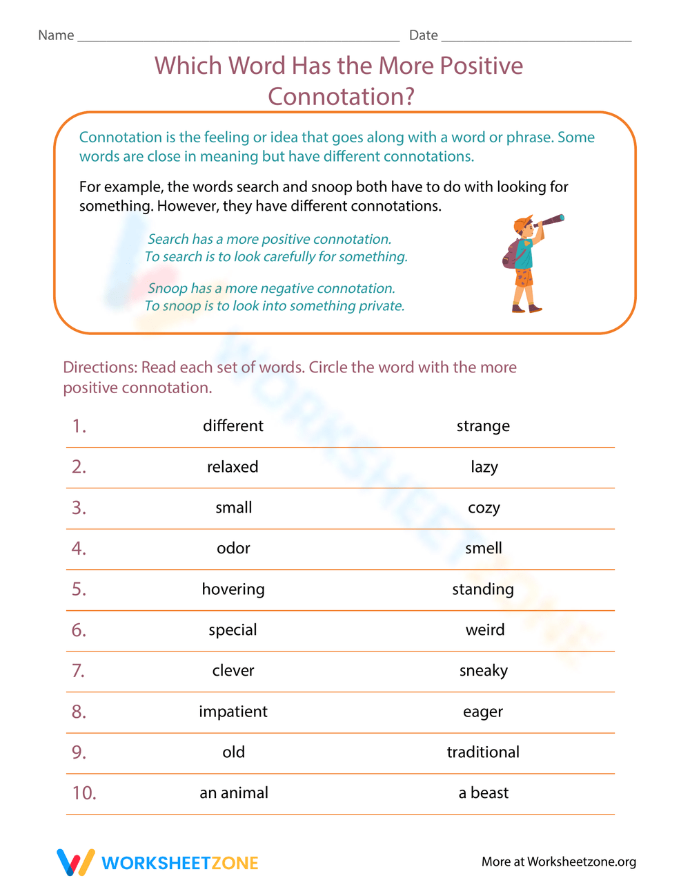 Positive Words Worksheet