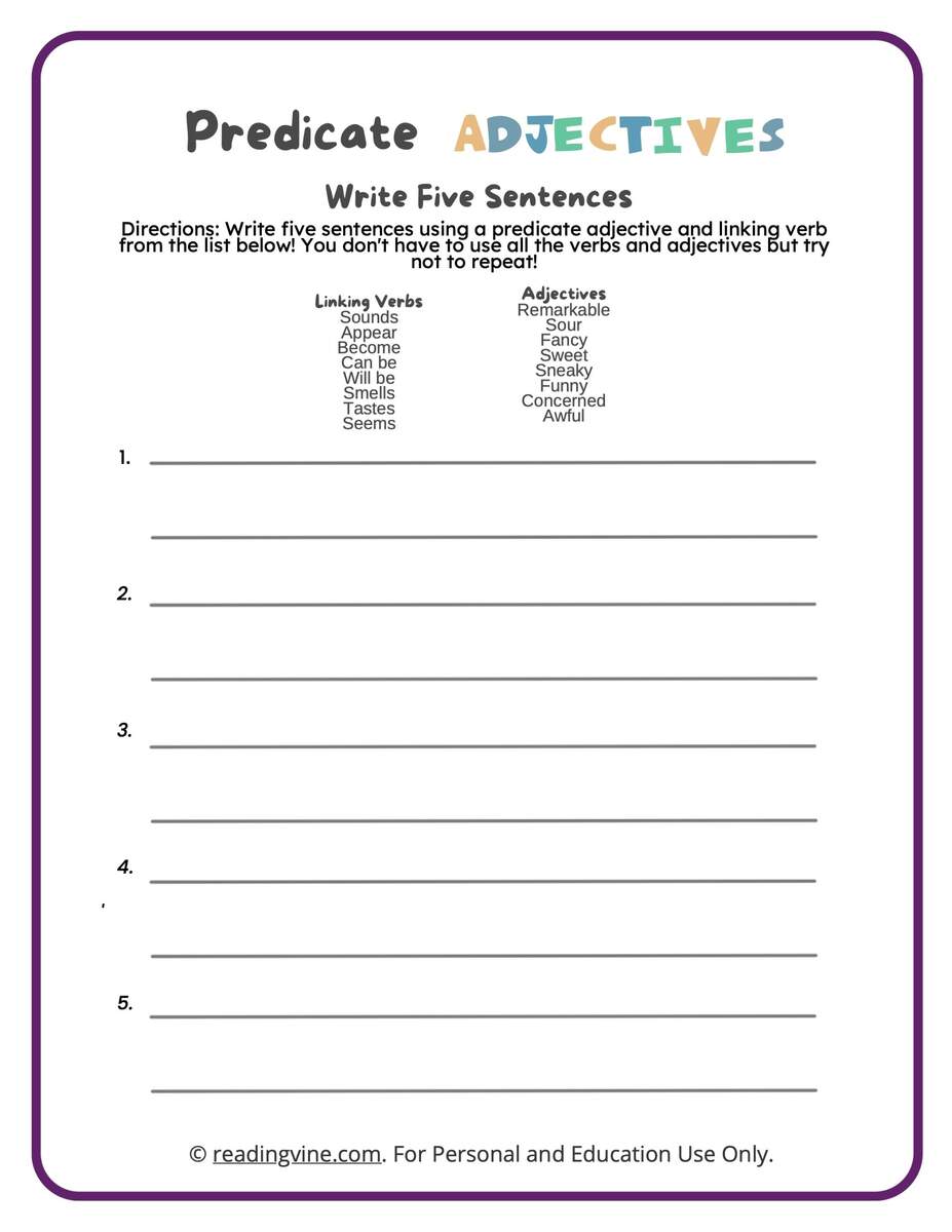 Predicate Adjectives Worksheets ReadingVine Predicate Adjectives Worksheets ReadingVine