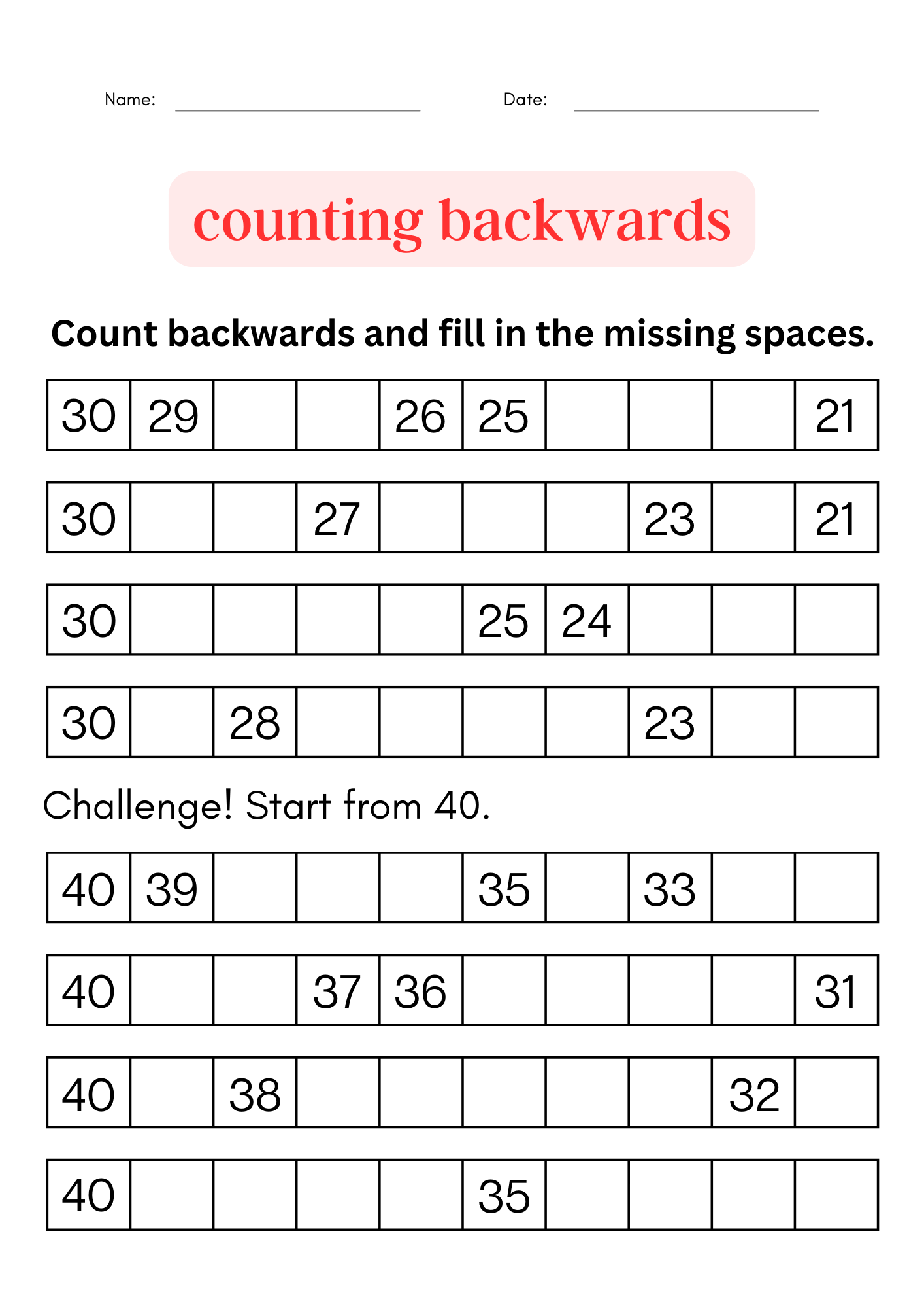 Printable Backward Counting Activities 100 To 1 Worksheet For Grade 1 2 3 Made By Teachers