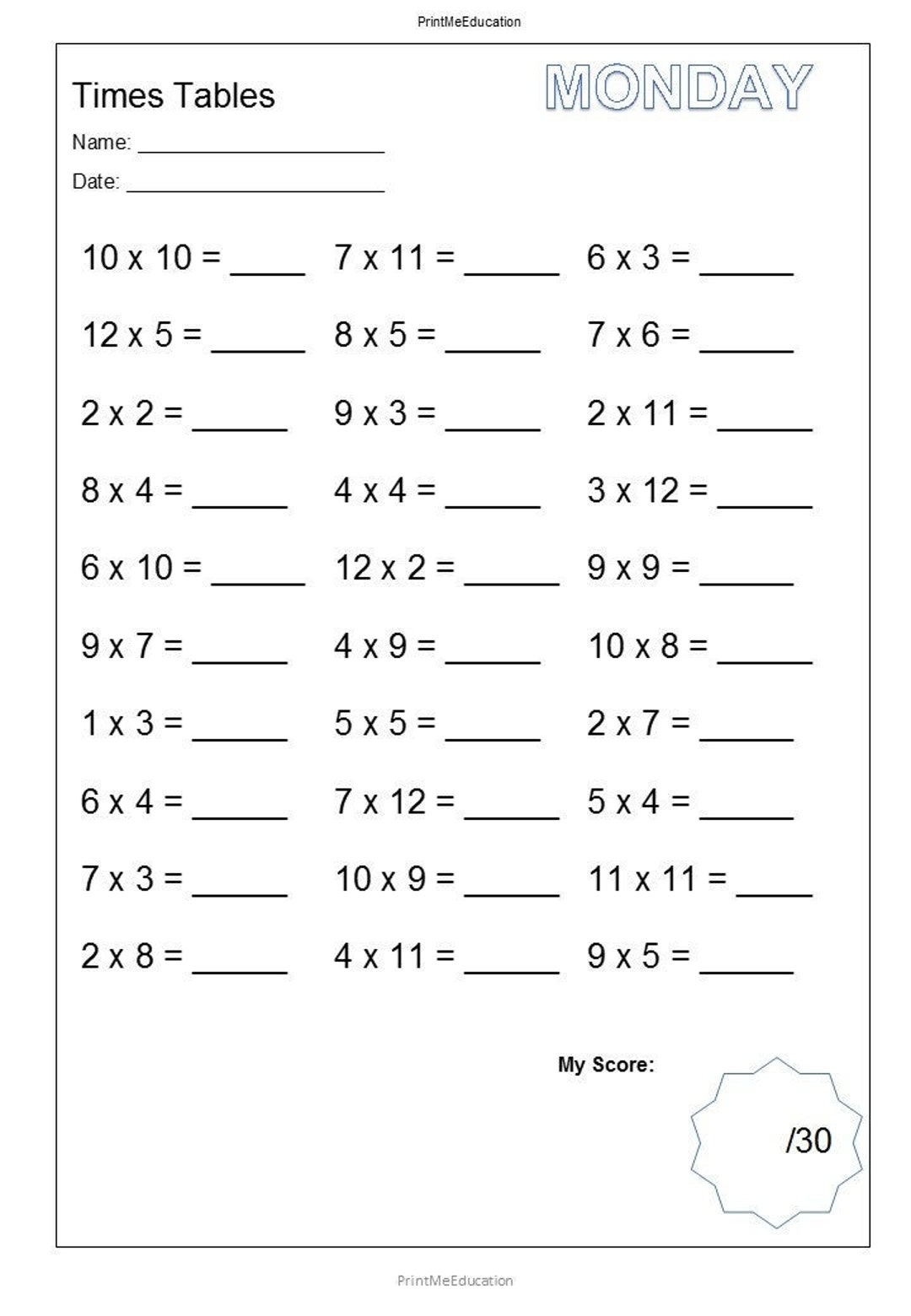 Multiplication Drills Worksheets