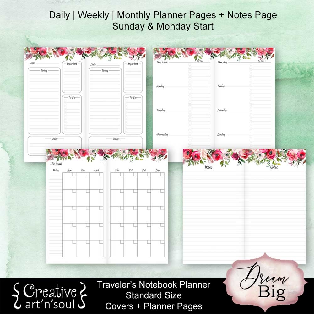 Printable Travelers Notebook Planner Inserts Dream Big CreativeArtnSoul