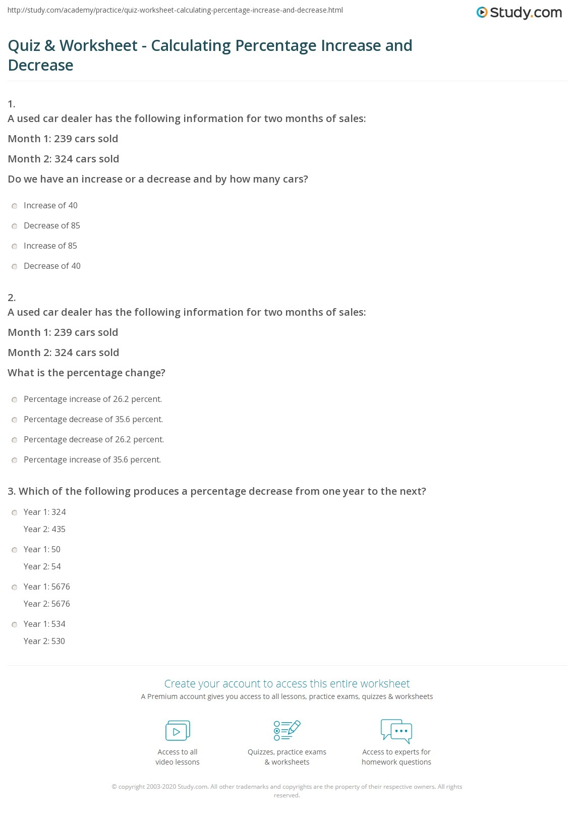 Quiz Worksheet Calculating Percentage Increase And Decrease Study