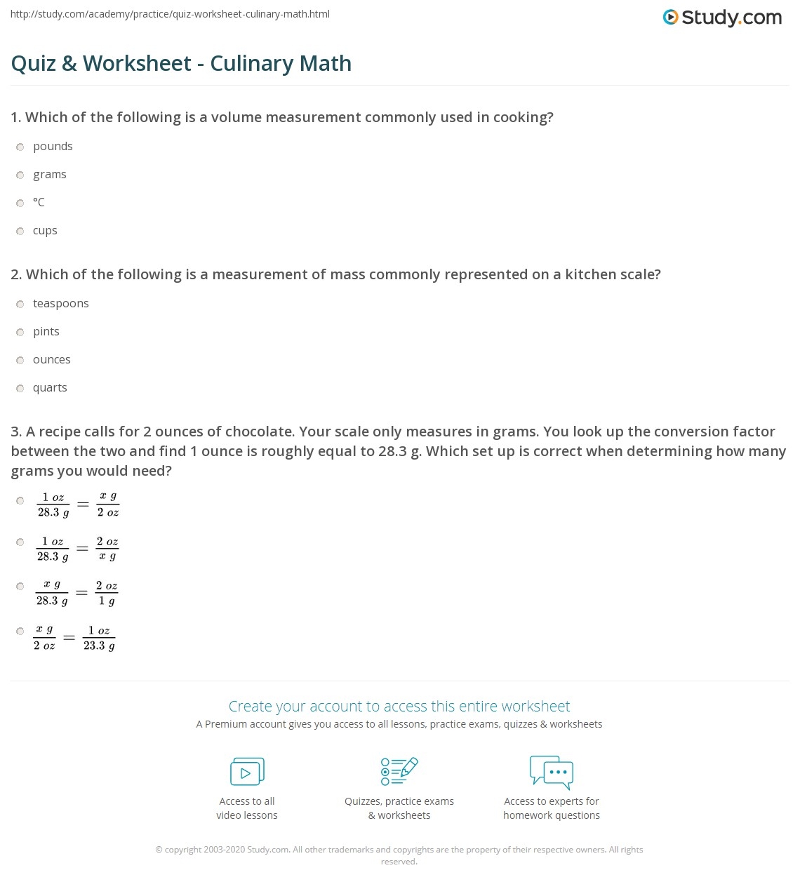 Quiz Worksheet Culinary Math Study Quiz Worksheet Culinary Math Study