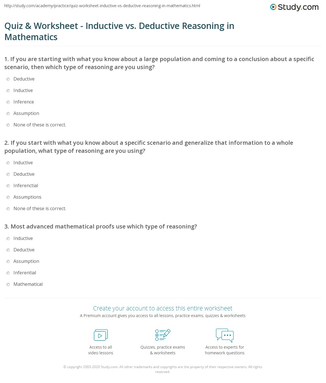Quiz Worksheet Inductive Vs Deductive Reasoning In Mathematics Study