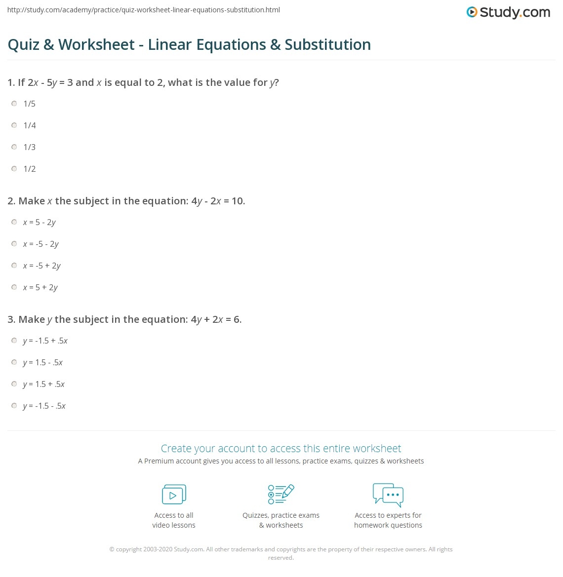 Quiz Worksheet Linear Equations Substitution Study