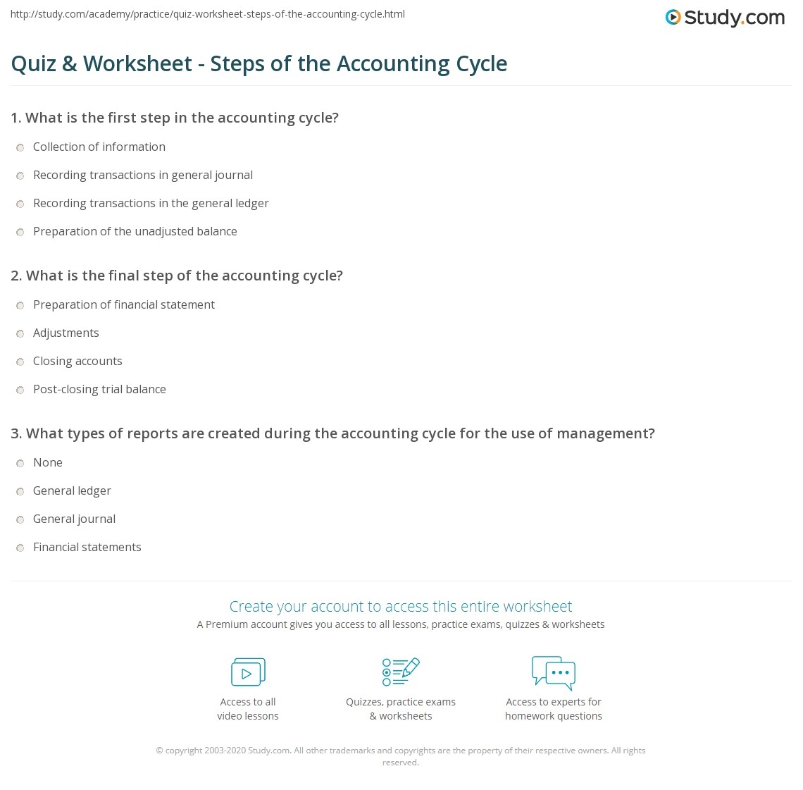 Quiz Worksheet Steps Of The Accounting Cycle Study