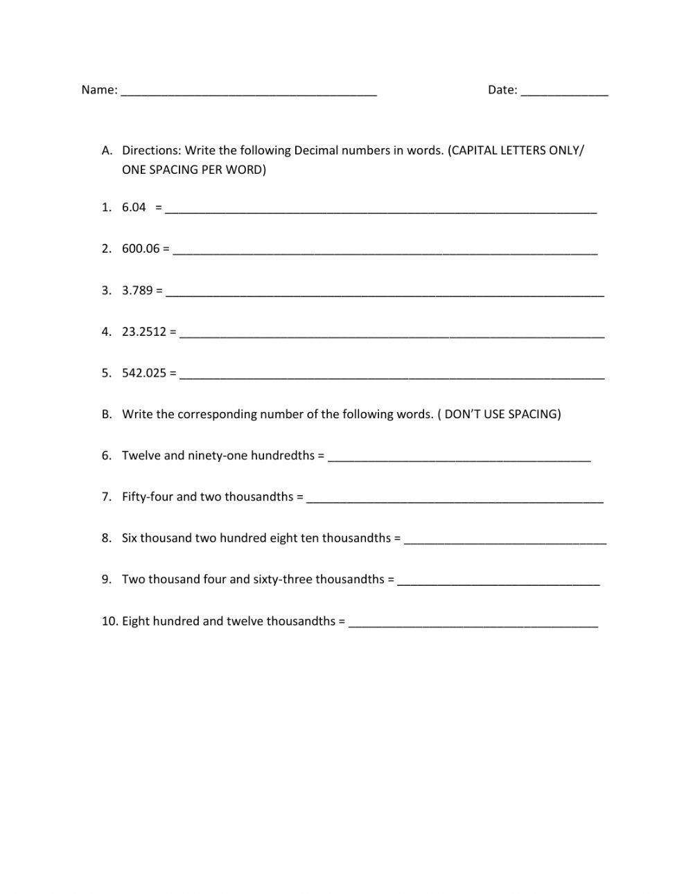 Decimals Year 4 WRITE DECIMALS IN WORDS AND NUMERALS Worksheet Worksheets Library