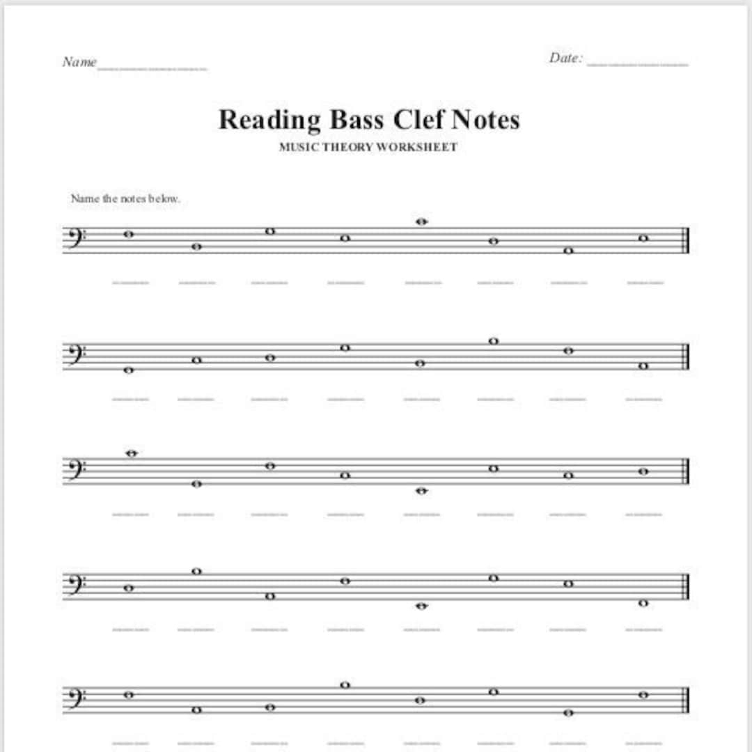 Reading Bass Clef Notes Printable Music Theory Worksheet Etsy Bass Clef Notes F A Worksheet Etsy