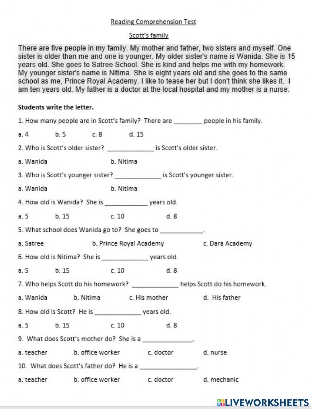 Reading Comprehension Test Online Activity Worksheets Library Reading Comprehension Worksheets Online Or Printable