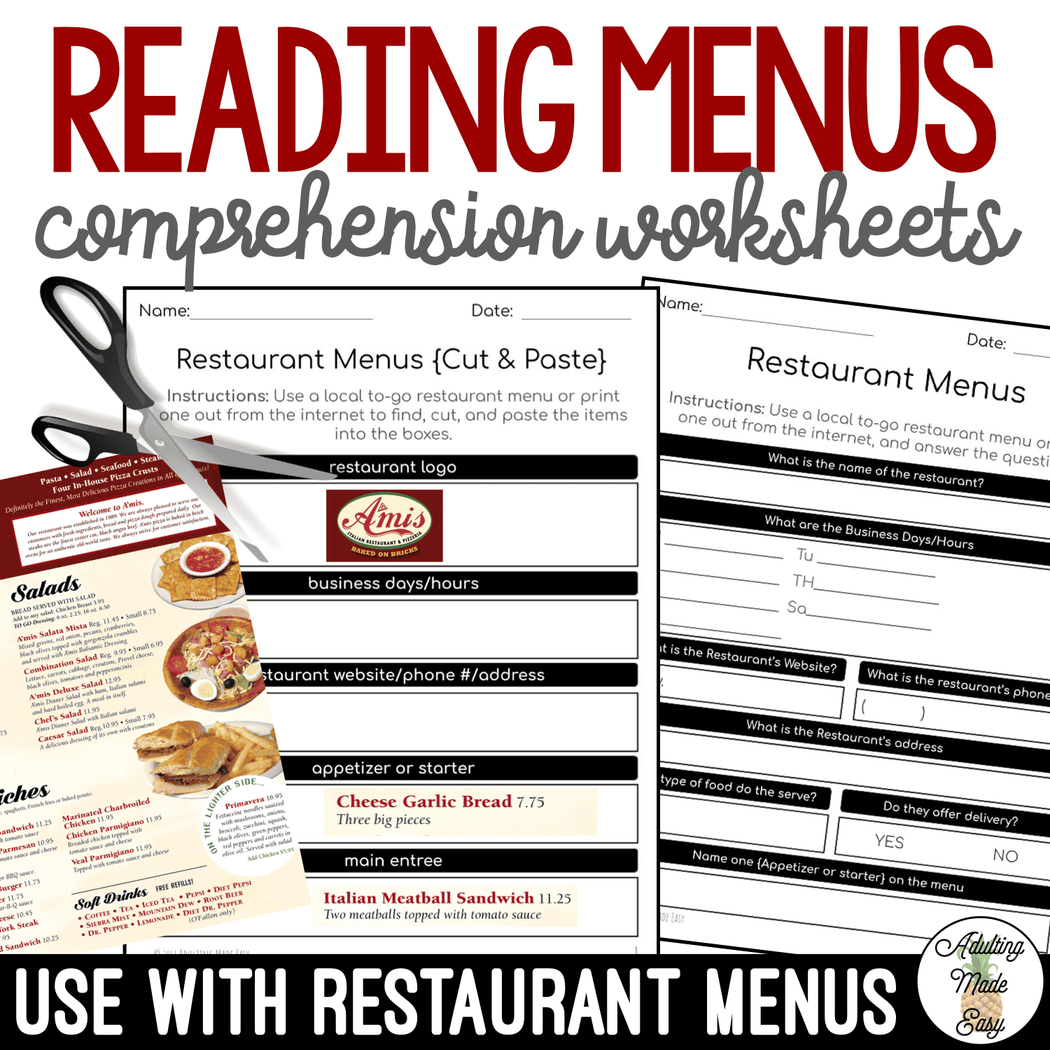 Reading Menus Comprehension Worksheets Reading Menus Comprehension Worksheets