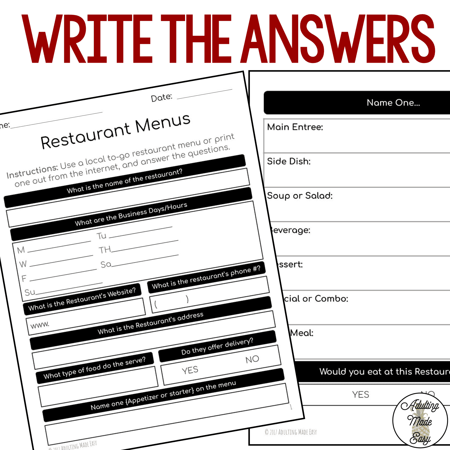 Reading Menus Comprehension Worksheets