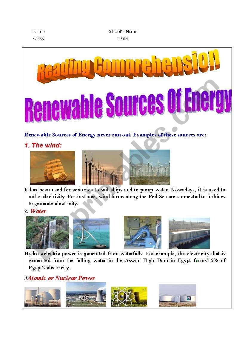 Reading Passage About Renewable Sources Of Energy ESL Worksheet By Mr Atef Reading Passage About Renewable Sources Of Energy ESL Worksheet By Mr Atef