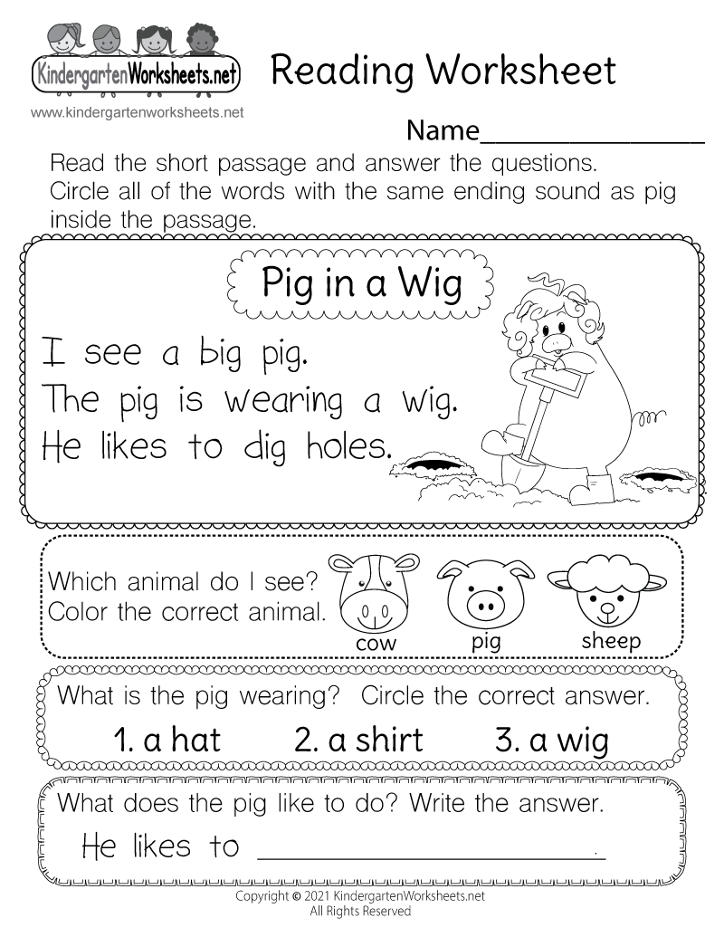 Free Kindergarten Reading Comprehension Worksheet Level A