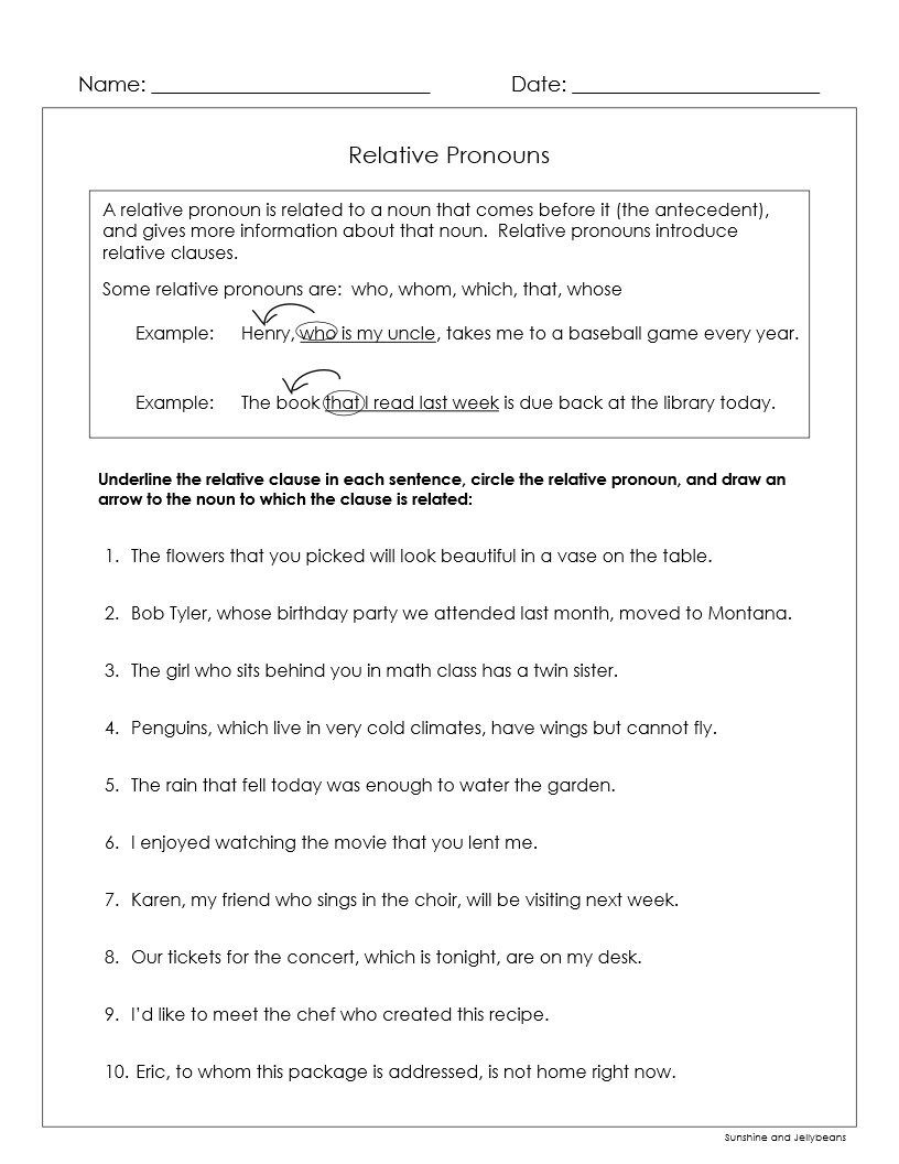 Relative Pronouns And Relative Clauses Antecedent Nouns 2 Worksheets Grades 4 5 And 6 CCSS Writing With Relative Pronouns Etsy Israel