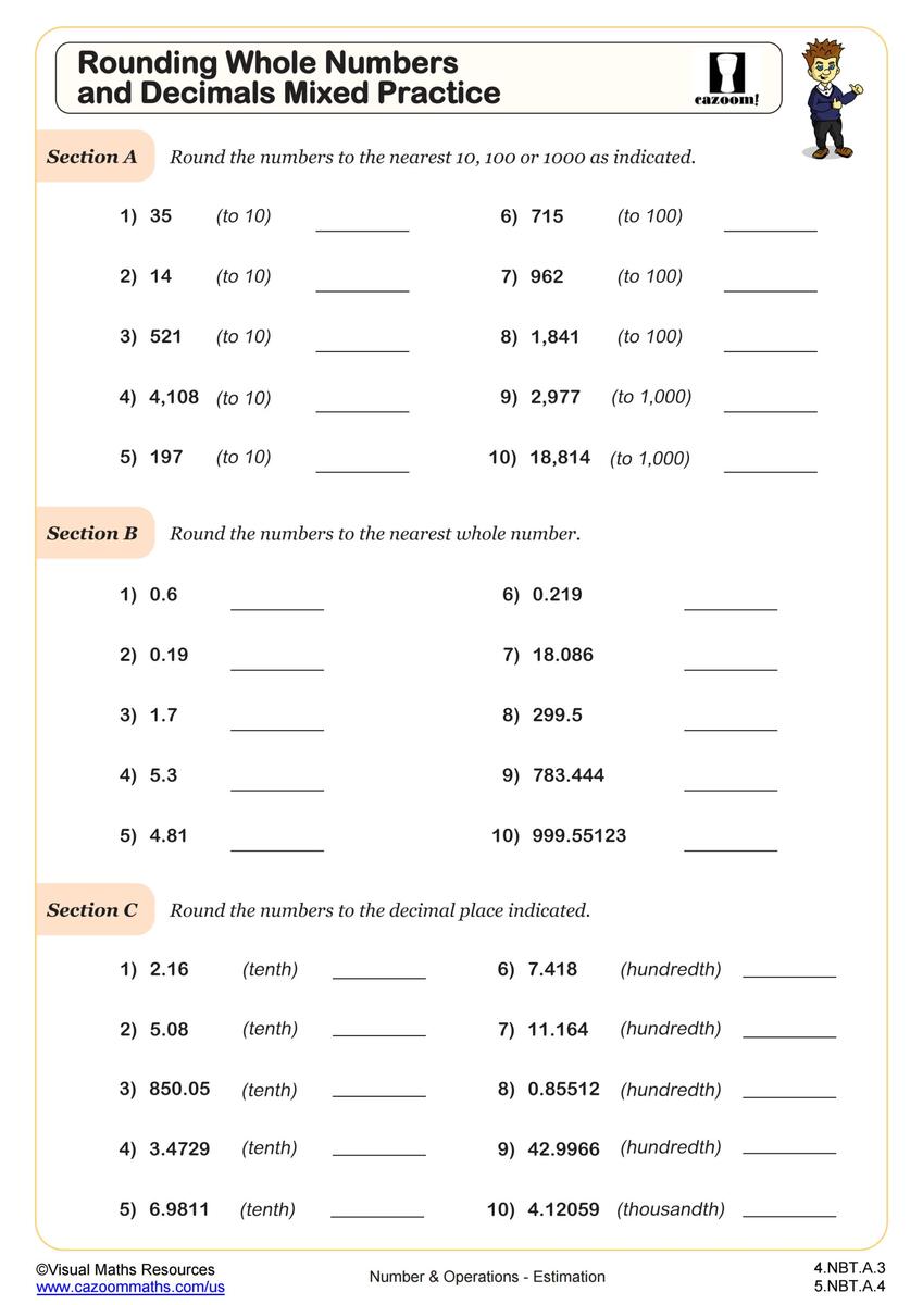 Rounding Whole Numbers And Decimals Mixed Practice Worksheet PDF Printable Number Operations Worksheet Cazoom Math Rounding Worksheets Superstar Worksheets