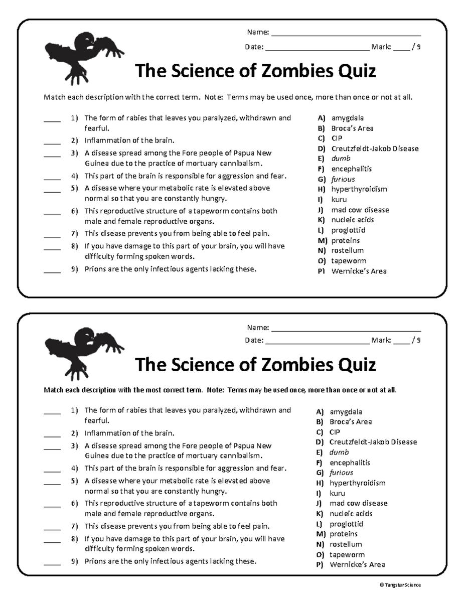 SCI 101 The Science Of Zombies Quiz On Infectious Diseases Studocu The Science Of Zombies Question Worksheet Bio 101 Studocu