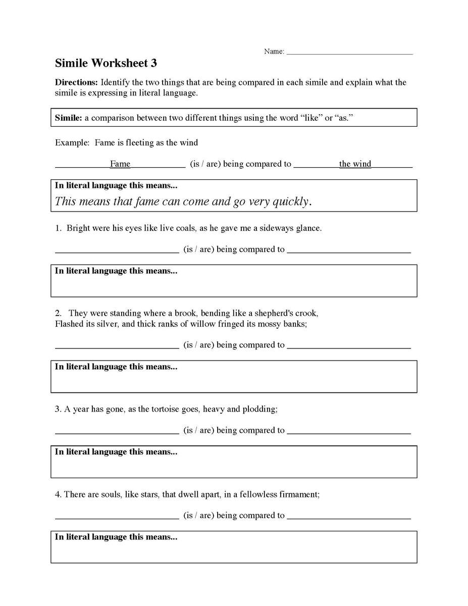 Simile Worksheet 3 Figurative Language Activity Simile Worksheet 3 Figurative Language Activity