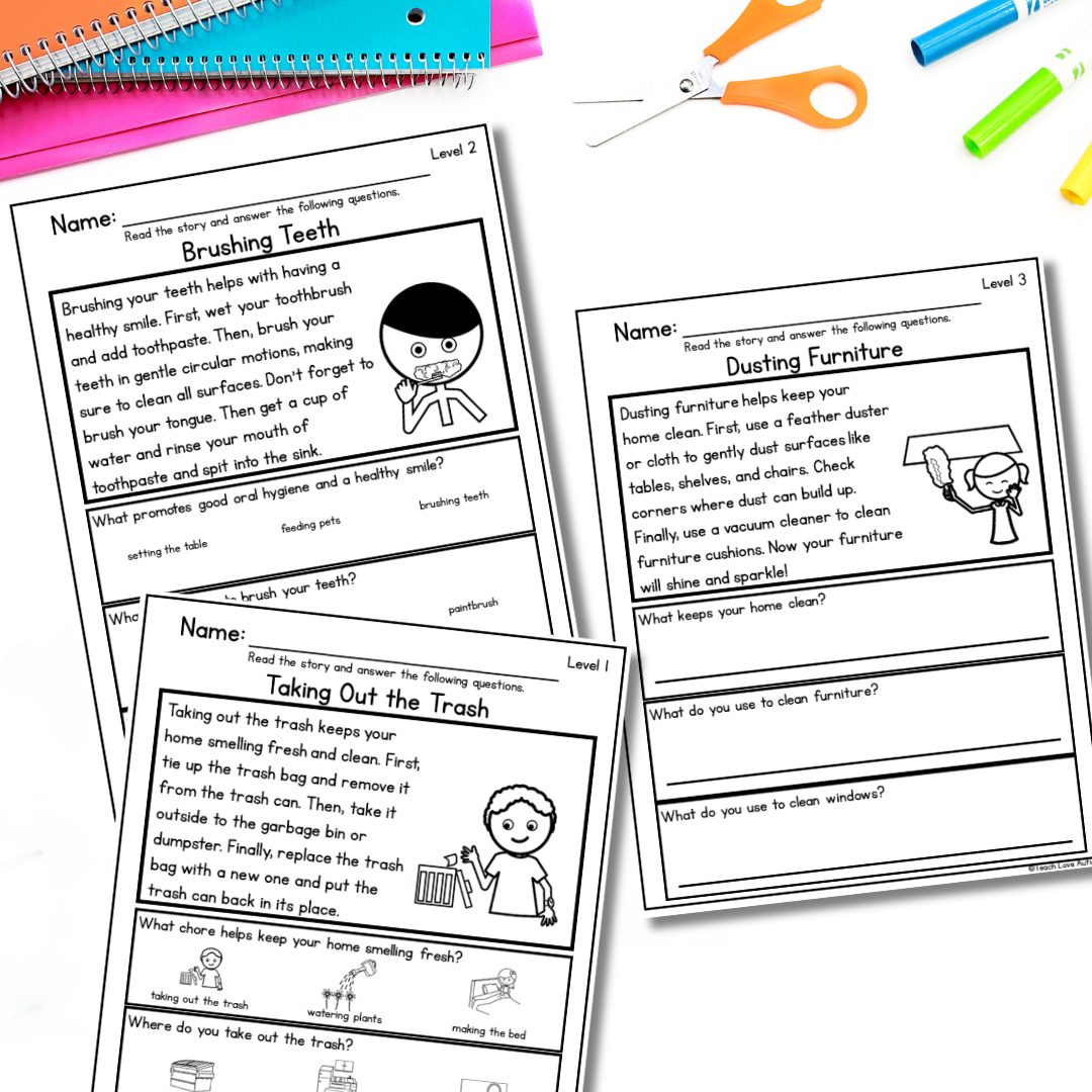 Simple Life Skills Reading Comprehension Household Chores Worksheets Teach Love Autism