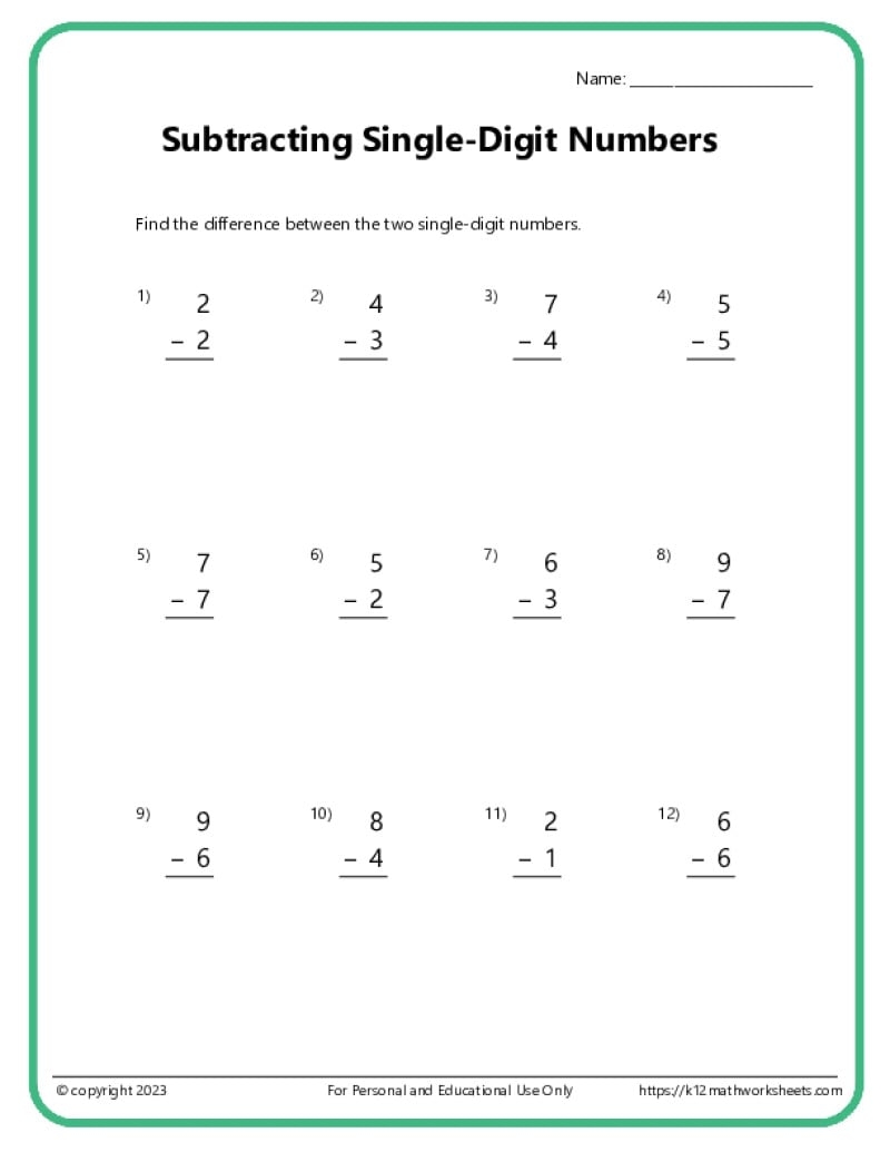 50 Single Digit Subtraction Worksheets Etsy