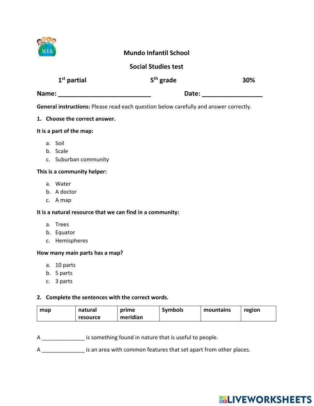 SOCIAL STUDIES TEST 5TH GRADE Worksheet Worksheets Library