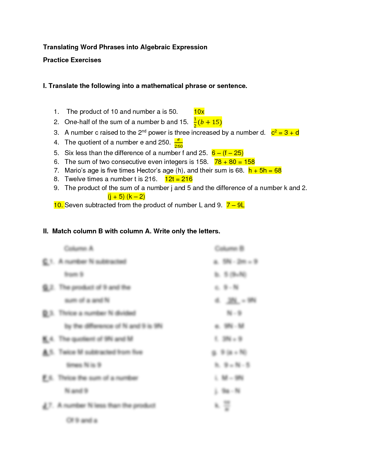 SOLUTION Translating Word Phrases Into Algebraic Expression Worksheets Library SOLUTION Translating Word Phrases Into Algebraic Expression Worksheets Library