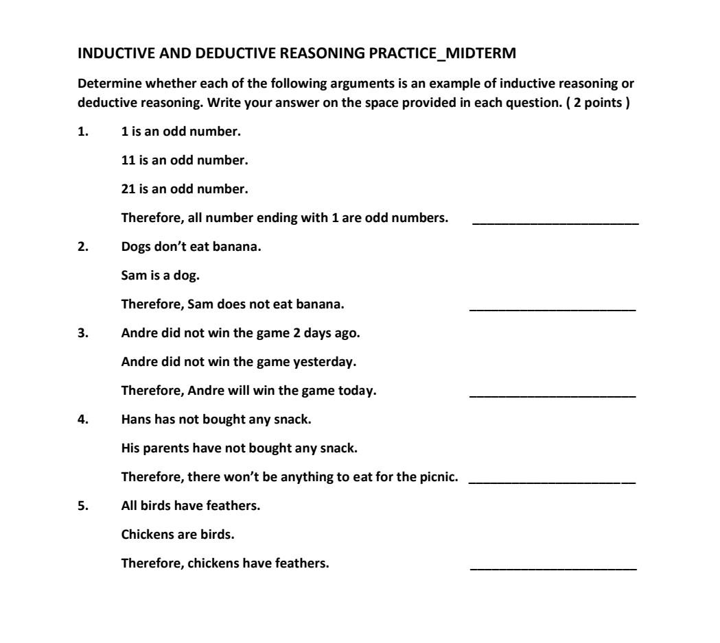 Solved INDUCTIVE AND DEDUCTIVE REASONING PRACTICE MIDTERM Chegg
