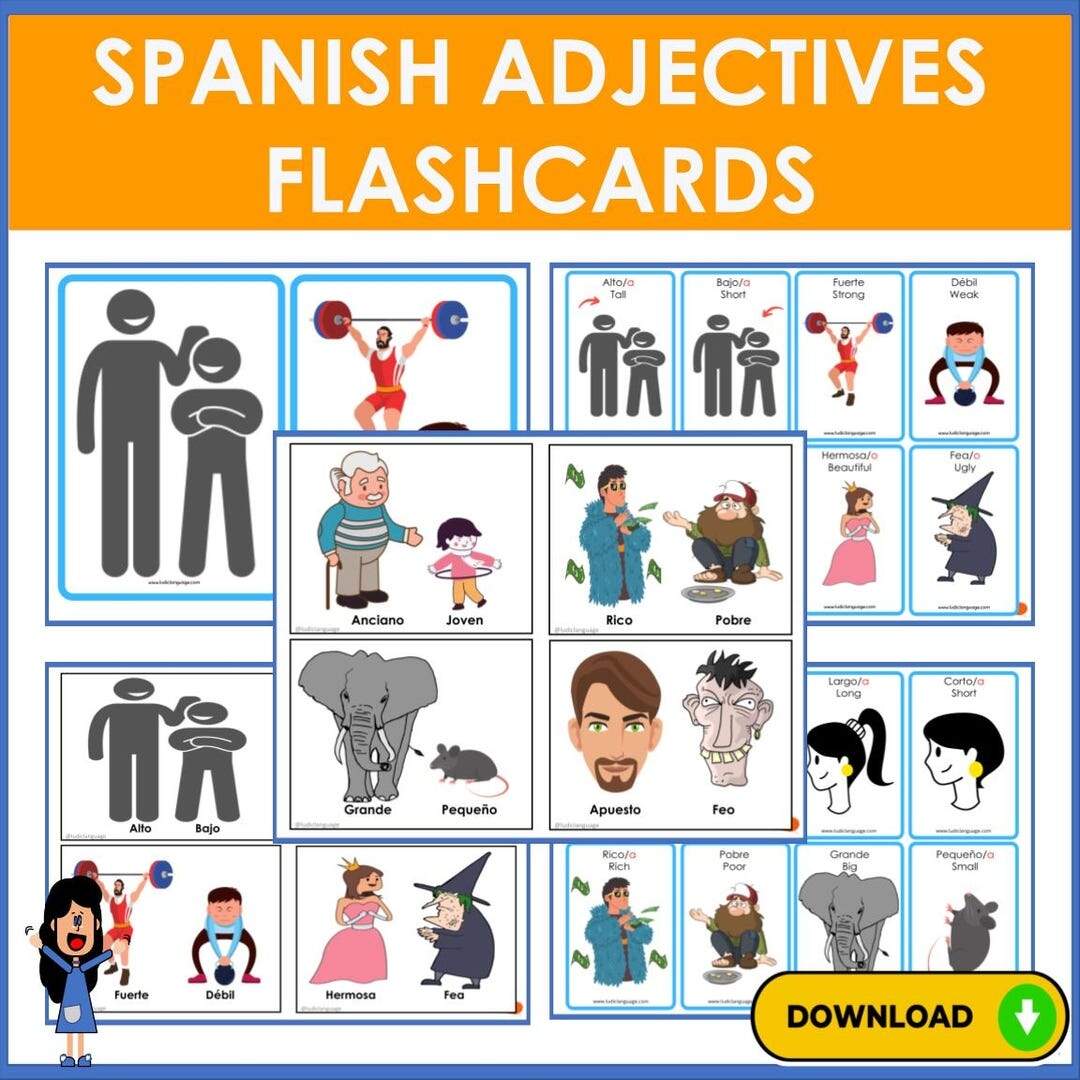 Spanish Adjectives Flashcards Large Small Individual Etsy Amazon Adjectives Flashcards In Spanish Language Set 2 Flash Cards With Matching Bingo Game For Toddlers Kids Children And Adults Size 4 13 5 83 In DIN A6 Toys Games