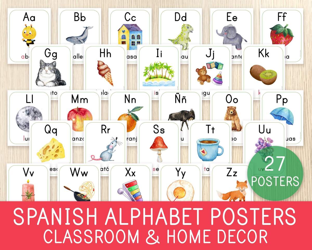 Spanish Alphabet Posters 27 Charts Preschool Kindergarten Classroom Home Decor Wall Art Spanish Letters Printable No Prep Etsy
