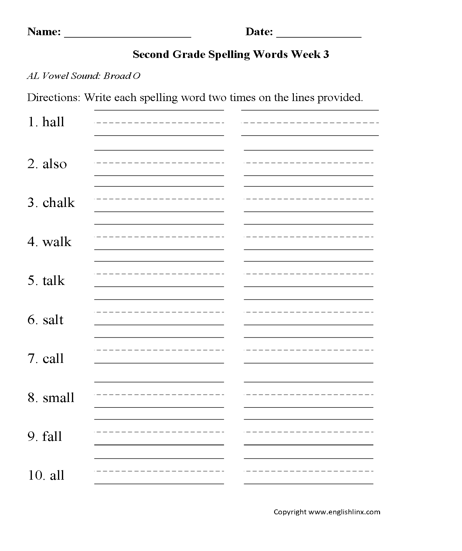 1st Grade Spelling Words Free Printable 36 Week List
