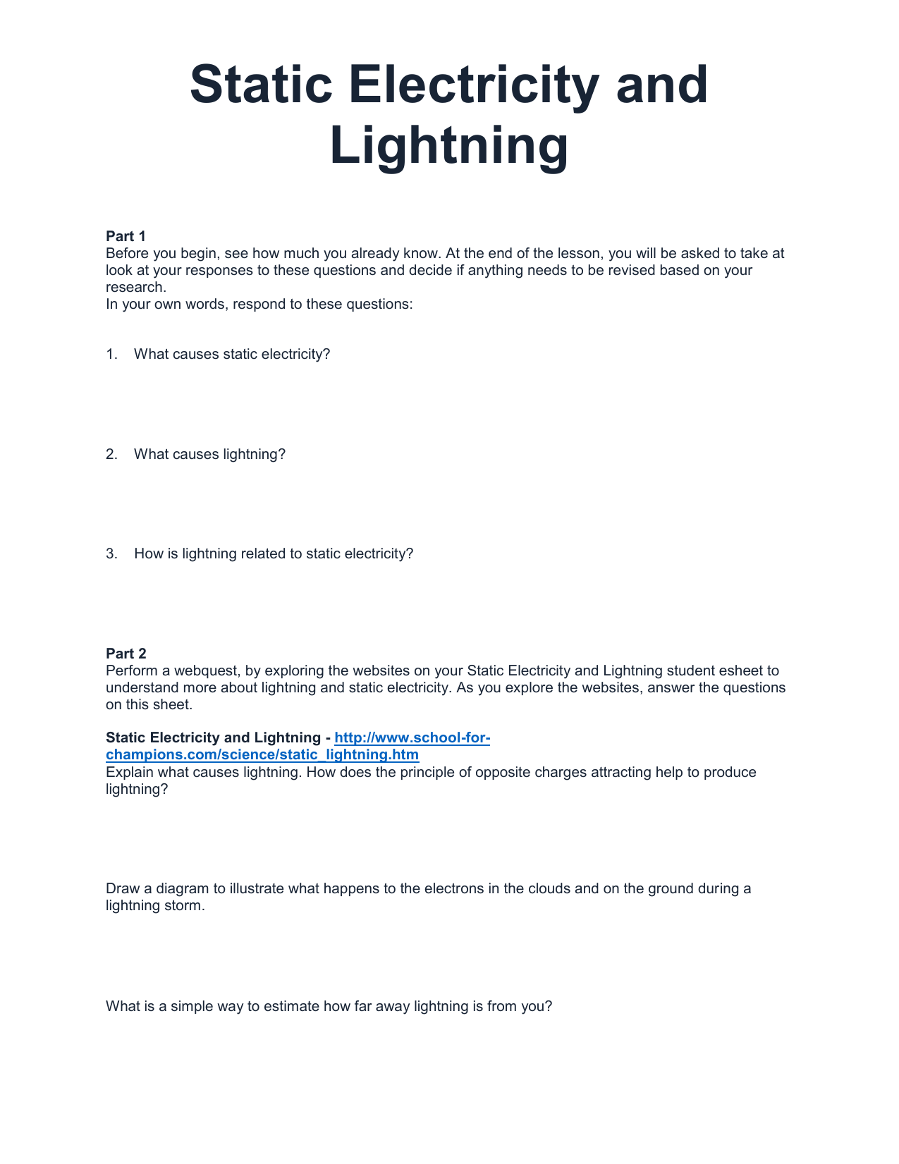 Static Electricity And Lightning Worksheet