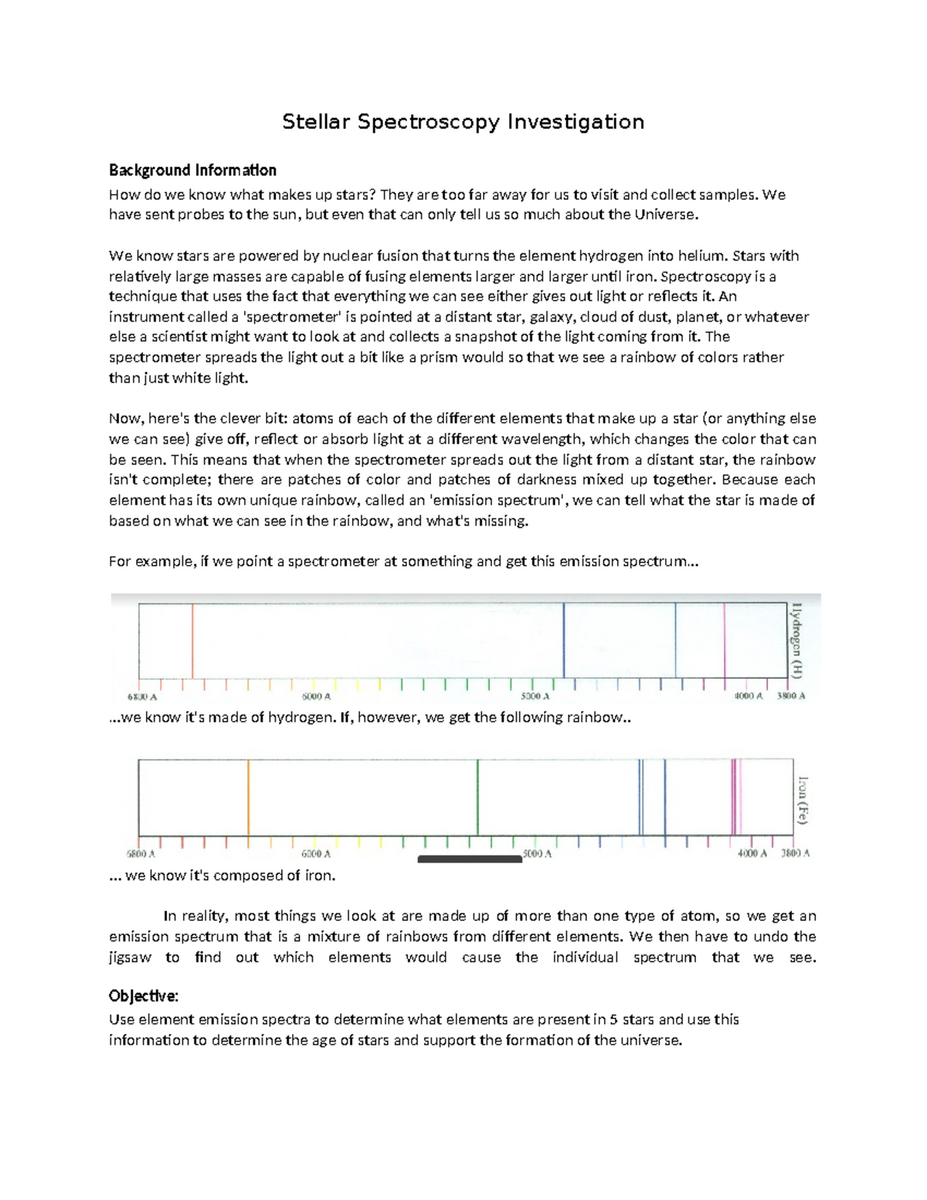 Stellar Spectroscopy Investigation Worksheet For Astronomy 101 Studocu Stellar Spectroscopy Investigation Worksheet For Astronomy 101 Studocu