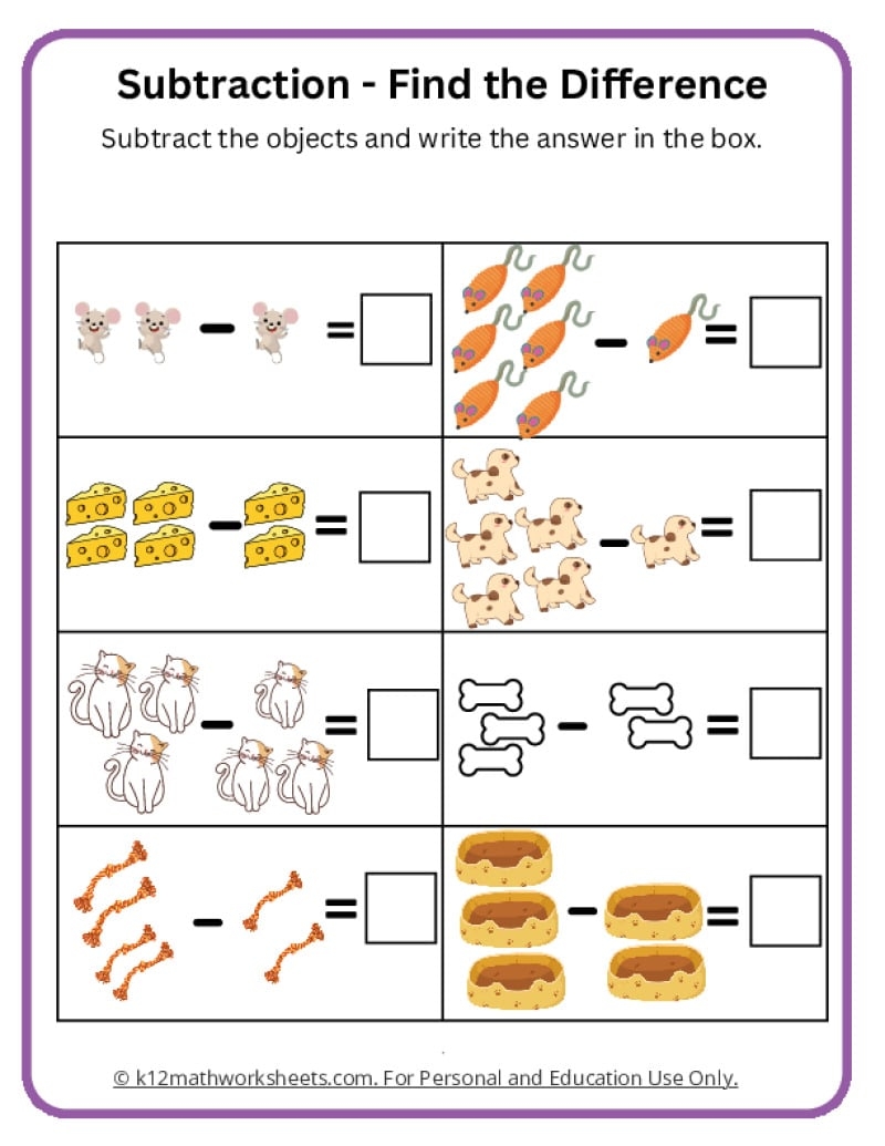 Subtract With Objects K12 Math Worksheets Free Subtraction Worksheets For Kindergarten