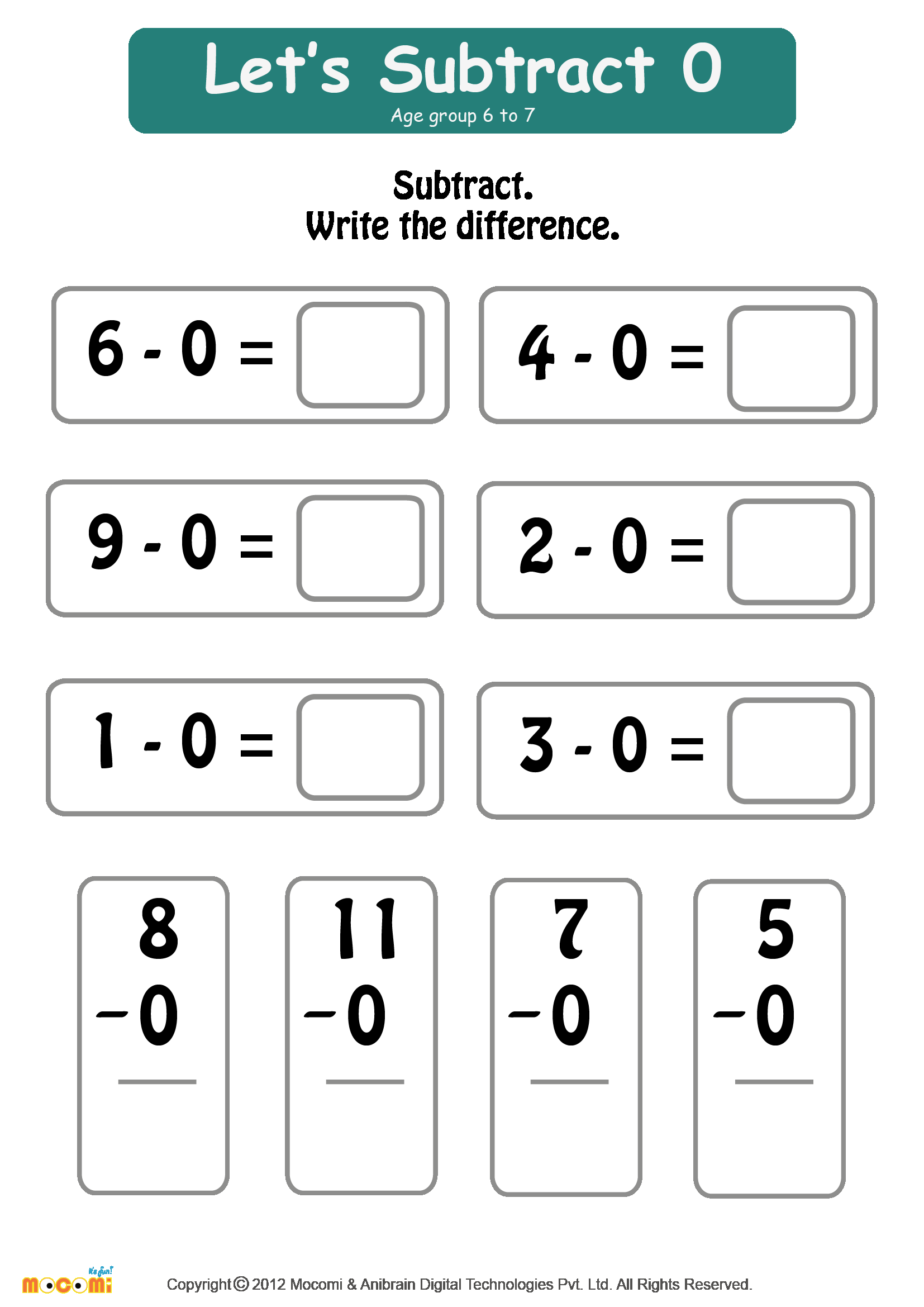 Subtract Zero Worksheet Math For Kids Mocomi Worksheets Library