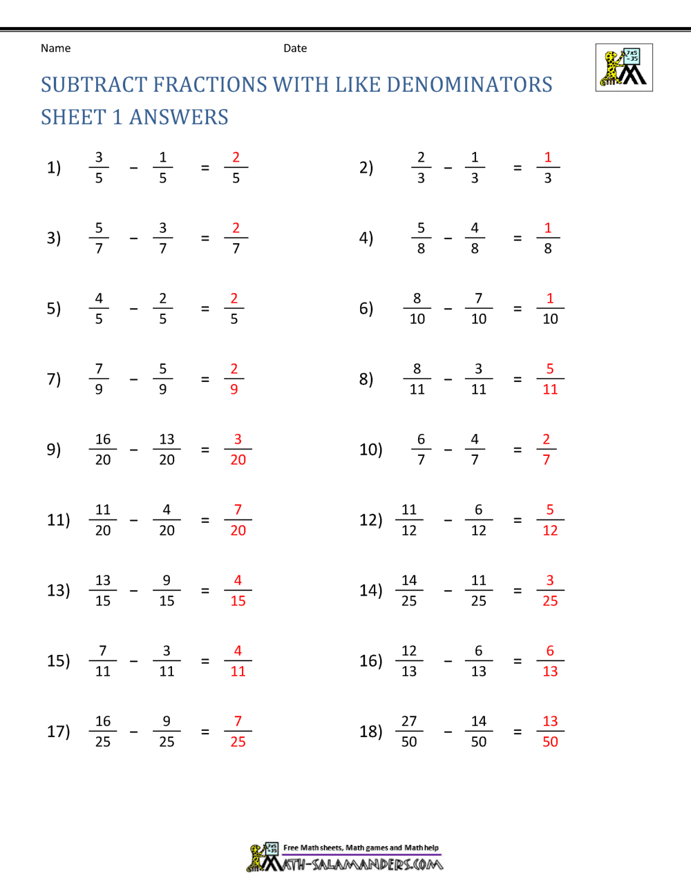 Subtracting Fractions Worksheets