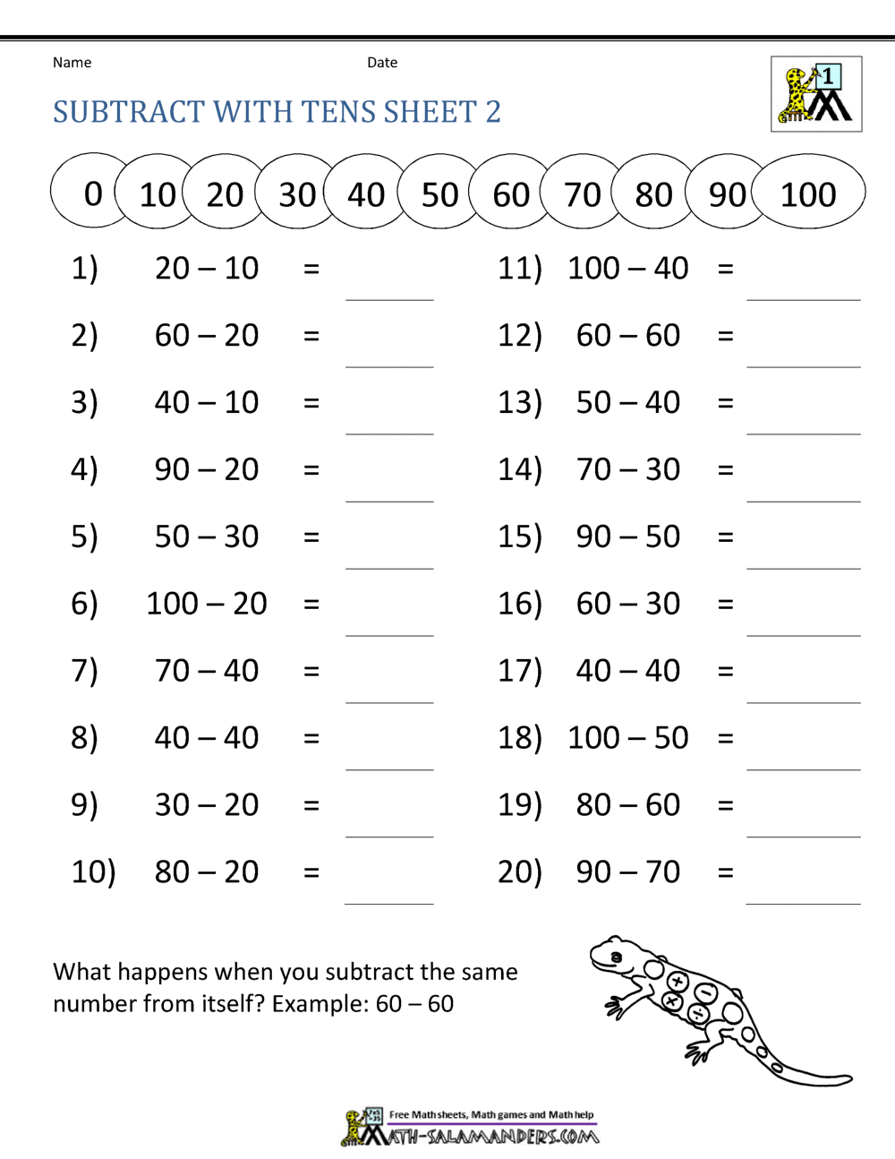 Subtracting Tens