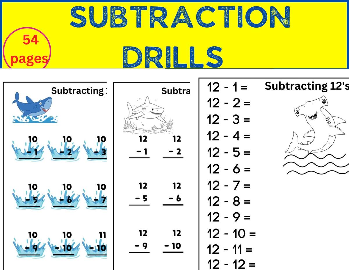 Subtraction Drills 1 12 Math Practice Worksheets PDF Etsy