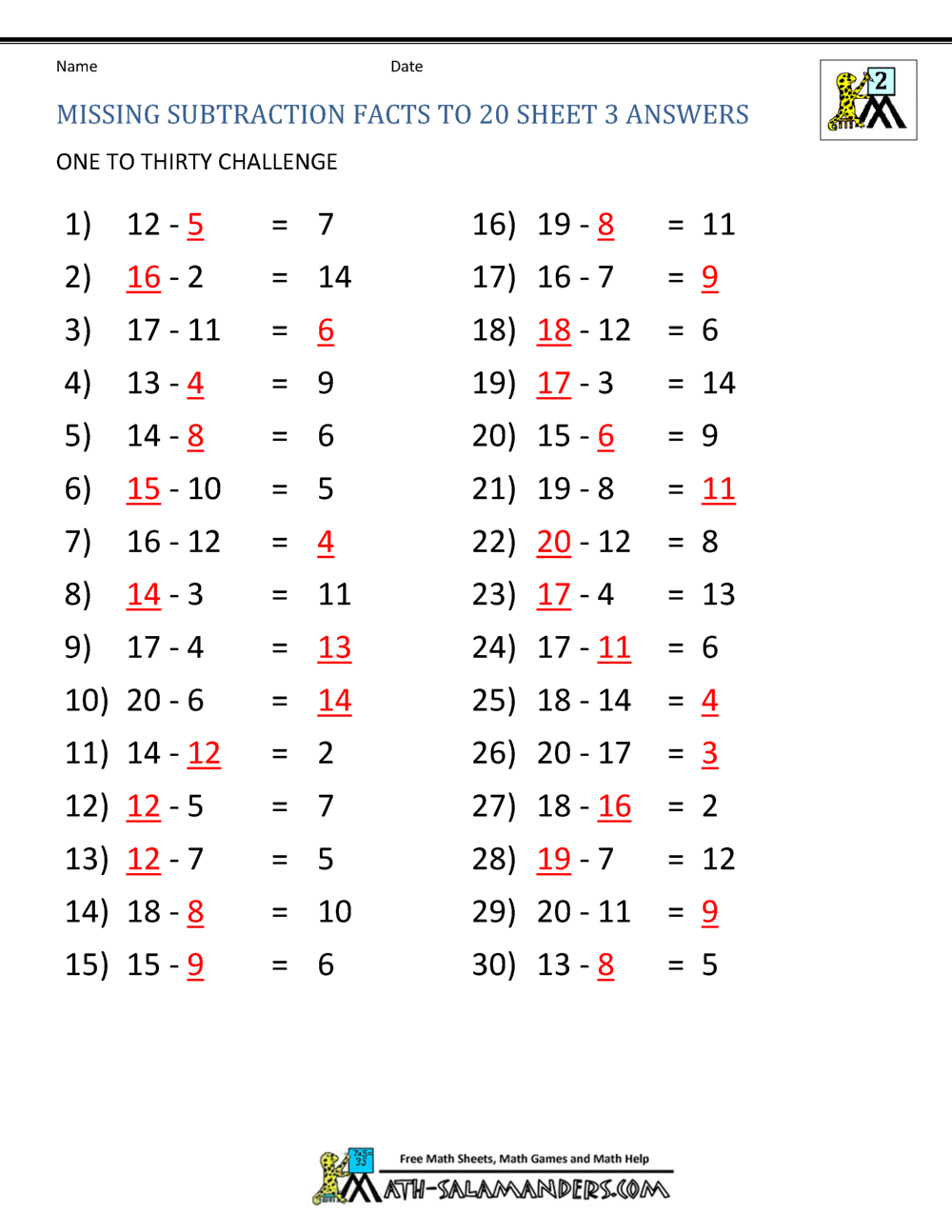 Subtraction Facts To 20 Subtraction Facts To 20