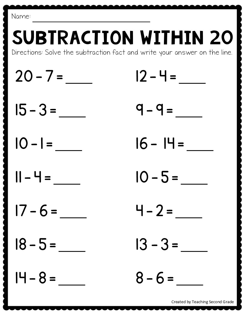 Subtraction Facts To 20 Worksheets No Prep Math Worksheets For 1st 2nd Grade Teaching Ideas Made Easy 2 Digit Subtraction Worksheets