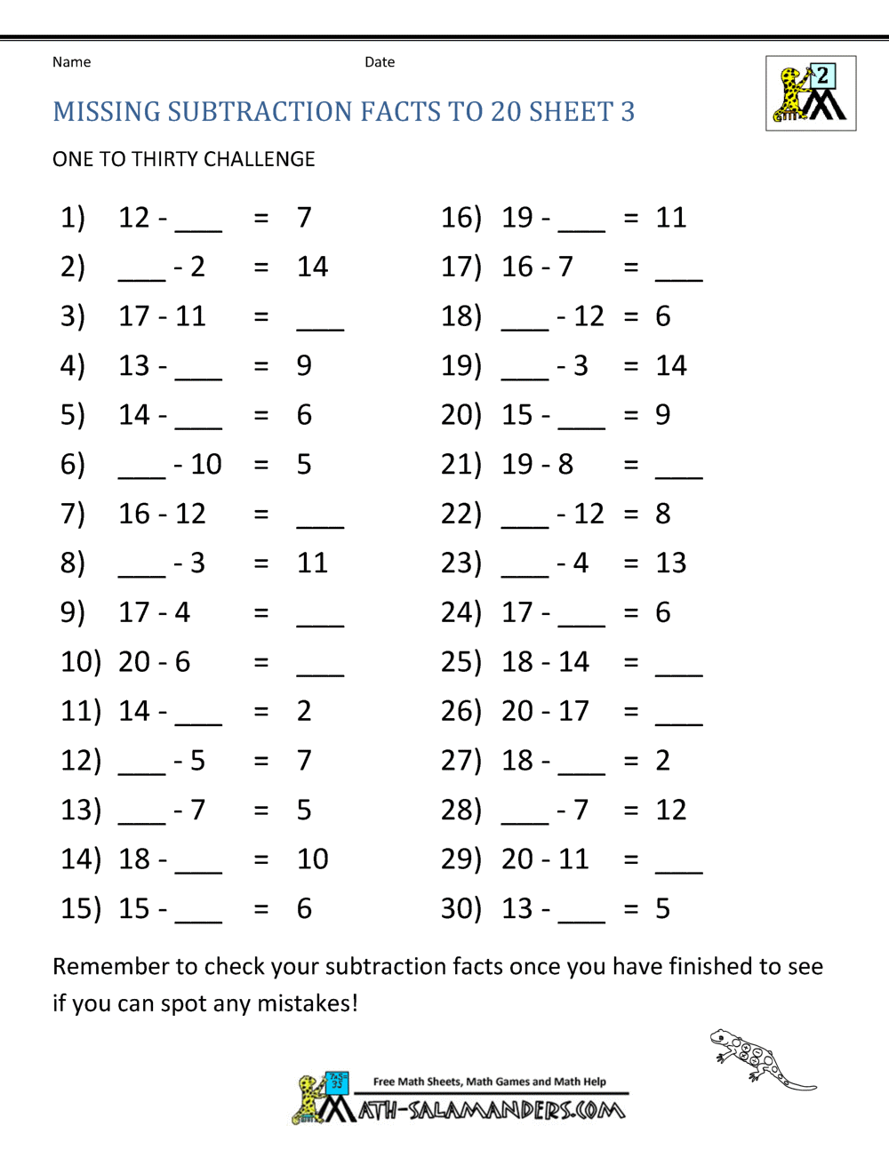 Subtraction Facts To 20 Worksheets Subtraction Facts To 20
