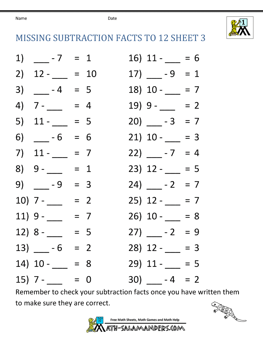 Subtraction Facts Worksheets 1st Grade