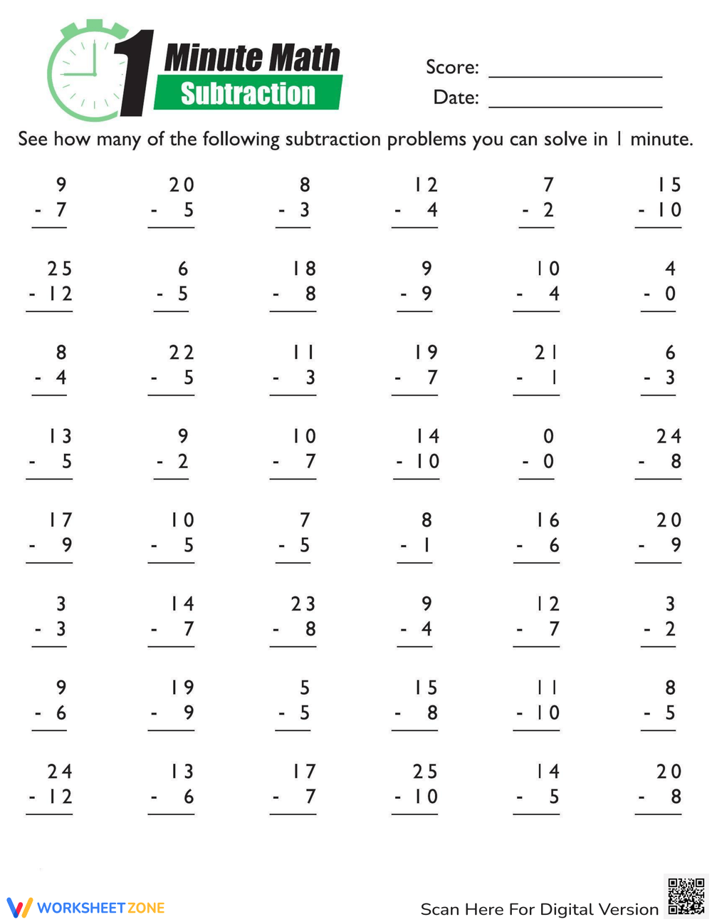 Subtraction Mad Minute Math Fun Worksheet Subtraction Worksheets Free Printable Math Drills DIY Projects Worksheets Library