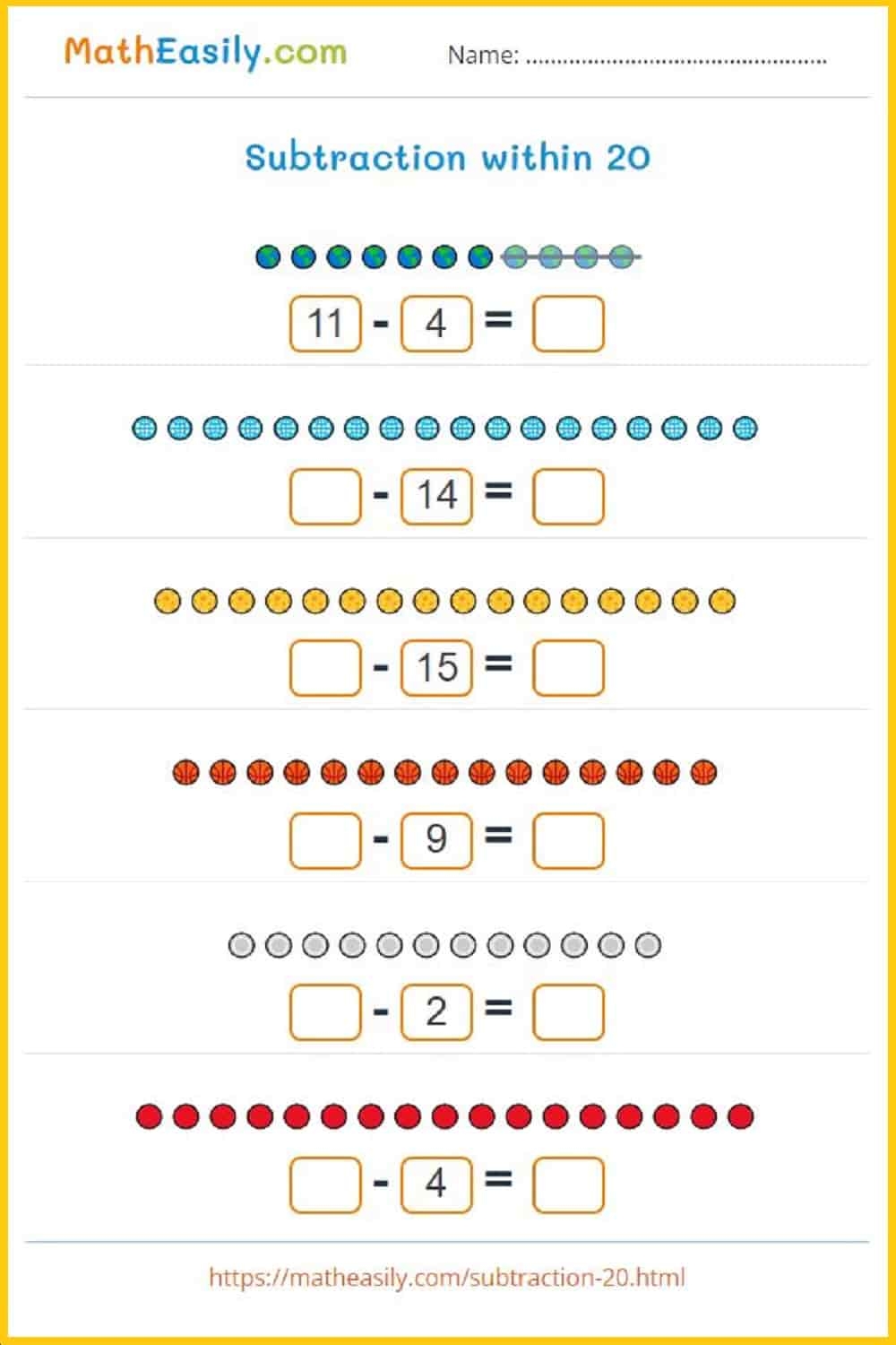 Subtraction Within 20 Games Worksheets With Pictures Subtraction Within 20 Games Worksheets With Pictures