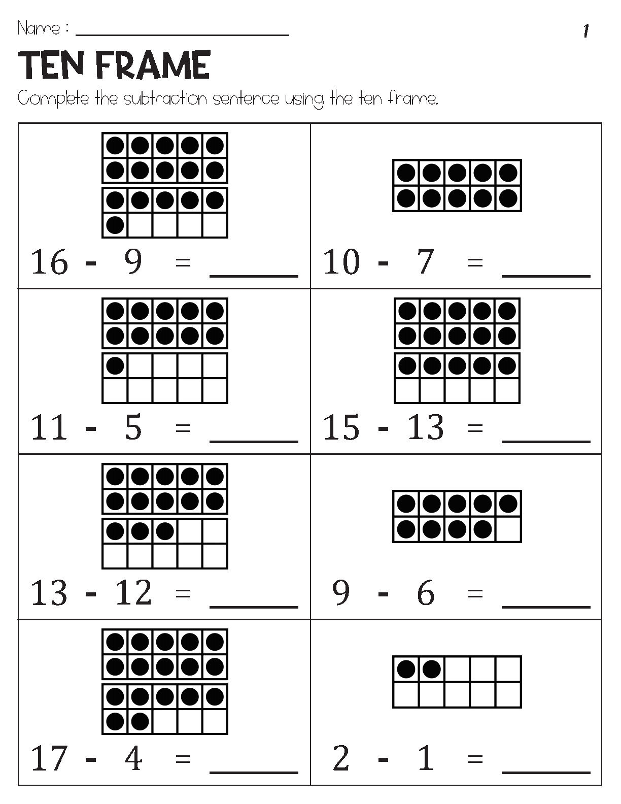 Subtraction Within 20 With Ten Frame Pictures Worksheets Etsy Subtraction Within 20 Games Worksheets With Pictures