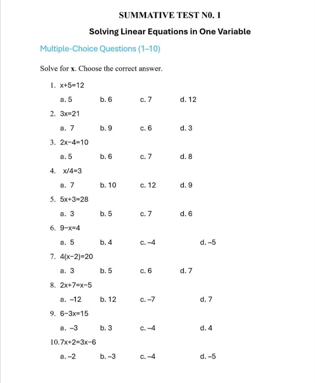 SUMMATIVE TEST NO 1 Solving Linear Equations In One Variable Multiple C
